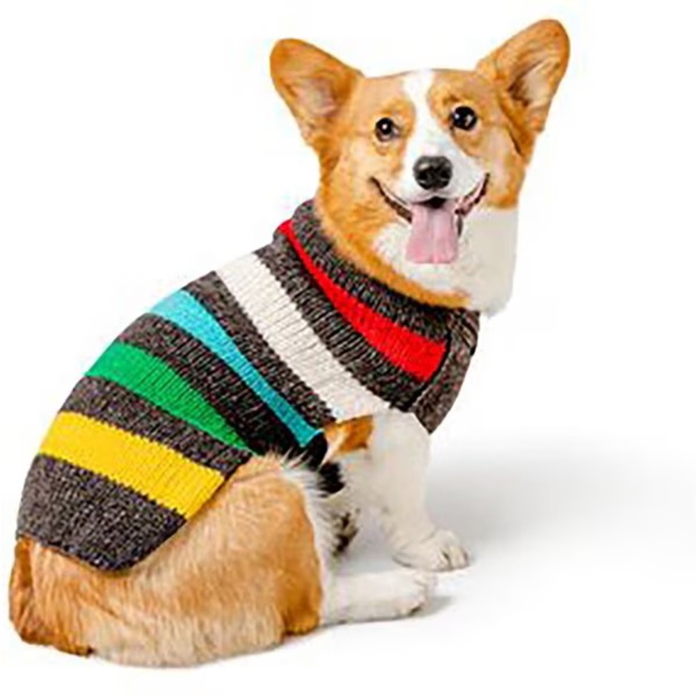 Chilly Dog 100% Wool Hand Made Sweater Charcoal Gray/Rainbow Stripe Size Small